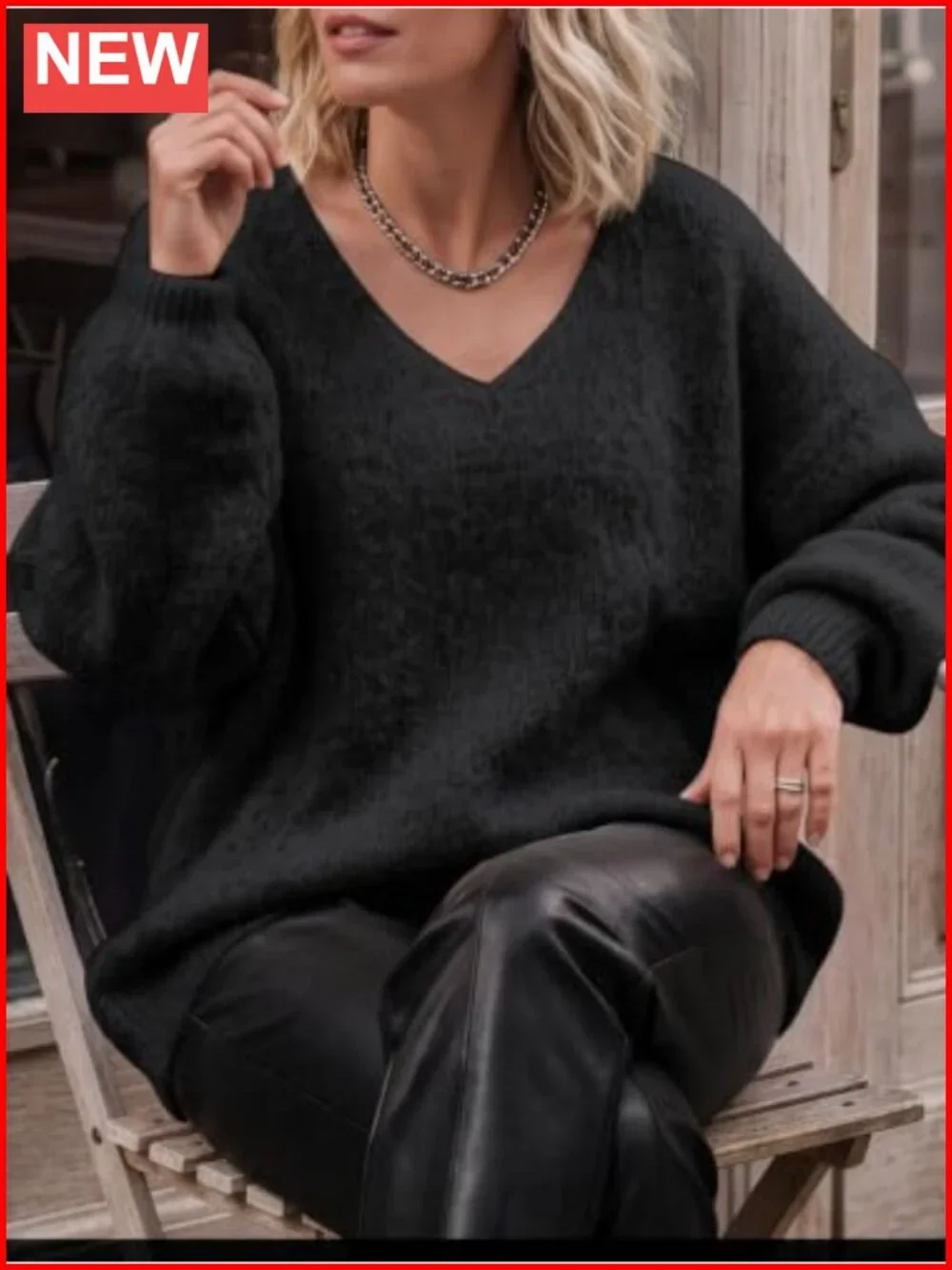 Oversized Chunky Knit V Neck Lantern Sleeve Slouchy Pullover Sweater